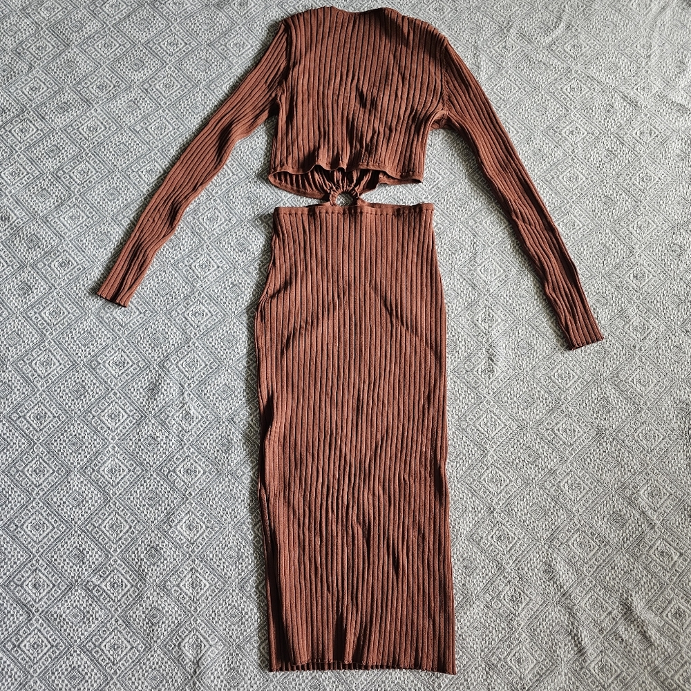 House Of Harlow 1960 Long Sleeve Ribbed O Ring Midi Dress Rust Orange - Fall - S - Picture 12 of 16